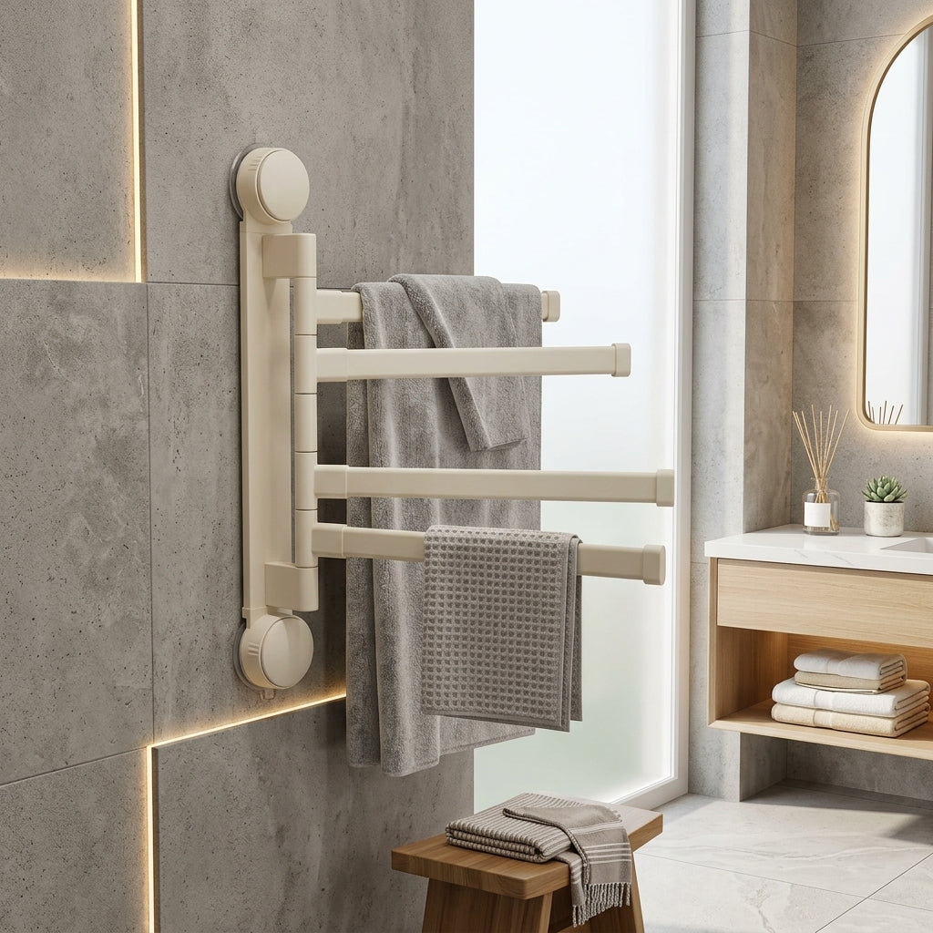 Porte-serviettes rotatif à ventouse pivotant – mise en situation en salle de bain