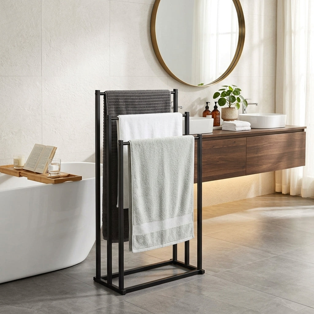 Porte-Serviettes sur Pied Métal Noir 3 Niveaux