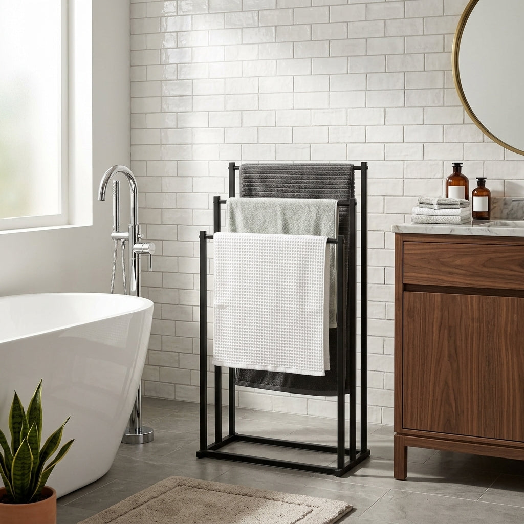 Porte-Serviettes sur Pied Métal Noir 3 Niveaux – mise en situation en salle de bain
