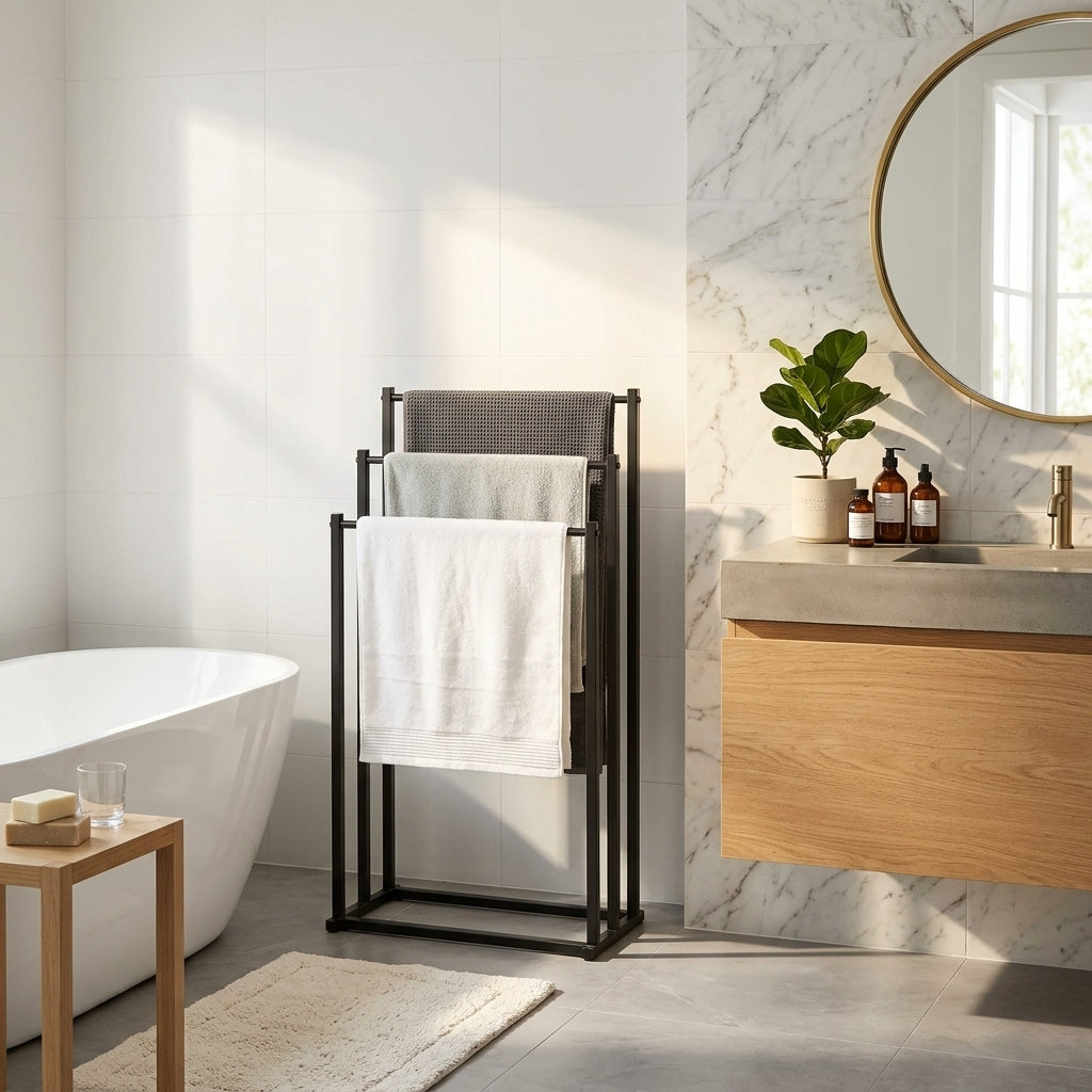 Porte-Serviettes sur Pied Métal Noir 3 Niveaux – mise en situation en salle de bain