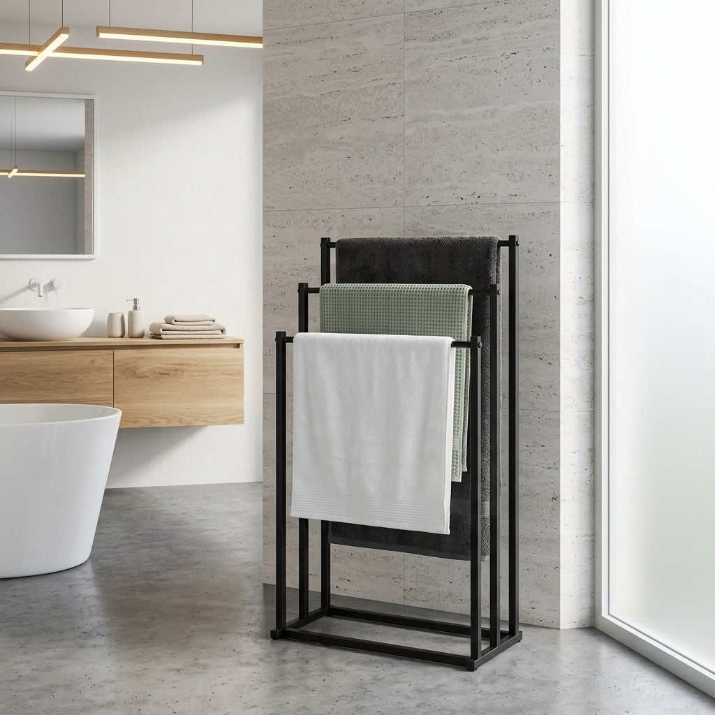 Porte-Serviettes sur Pied Métal Noir 3 Niveaux – mise en situation en salle de bain