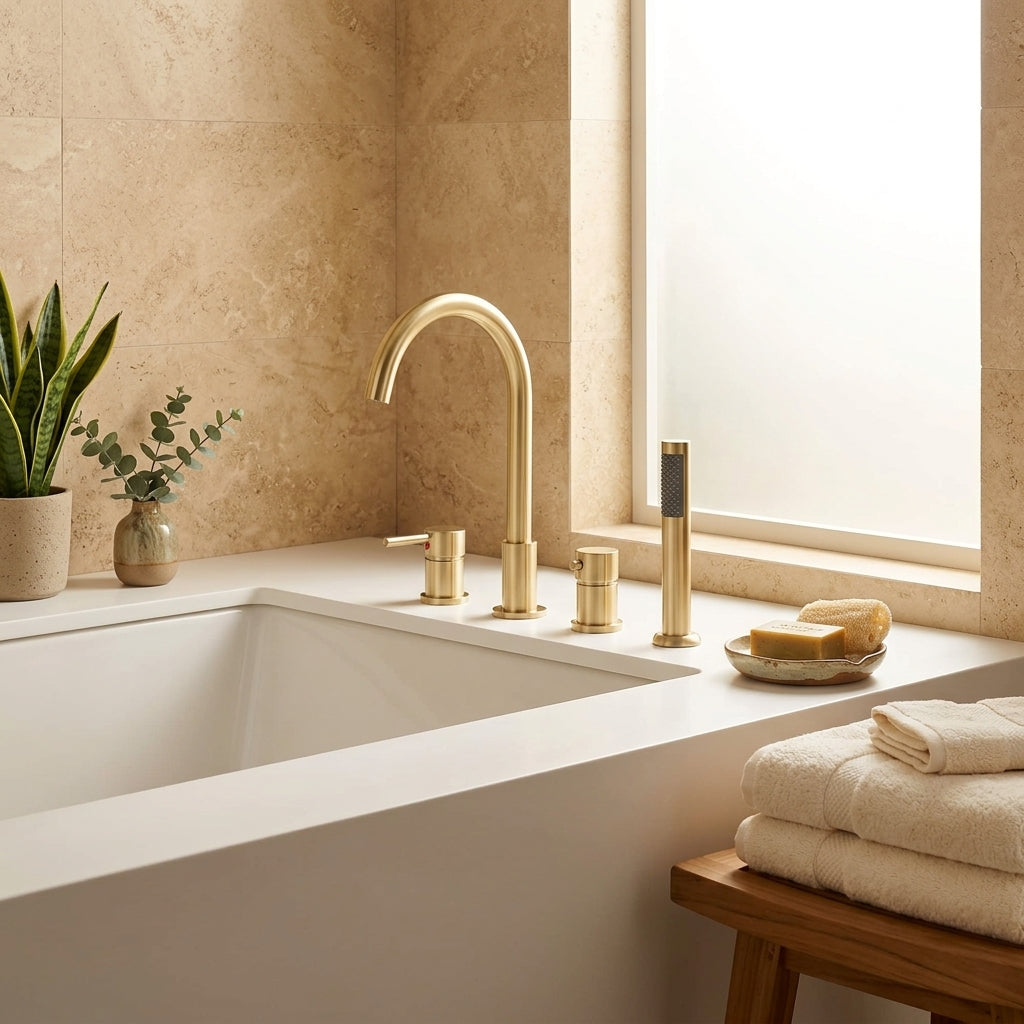 Robinet baignoire or brossé 4 trous avec douchette