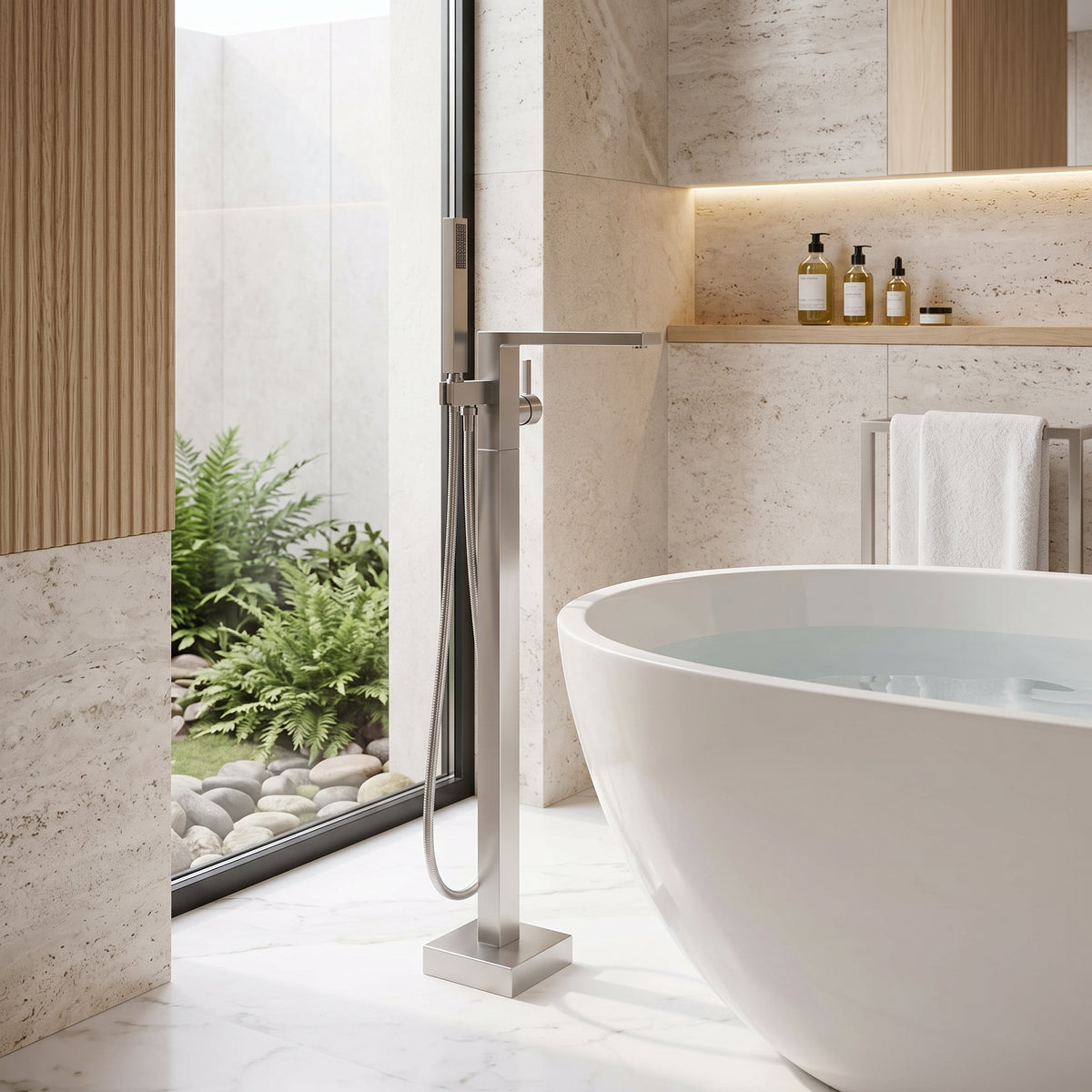 Robinet de baignoire sur pied chromé – mise en situation en salle de bain