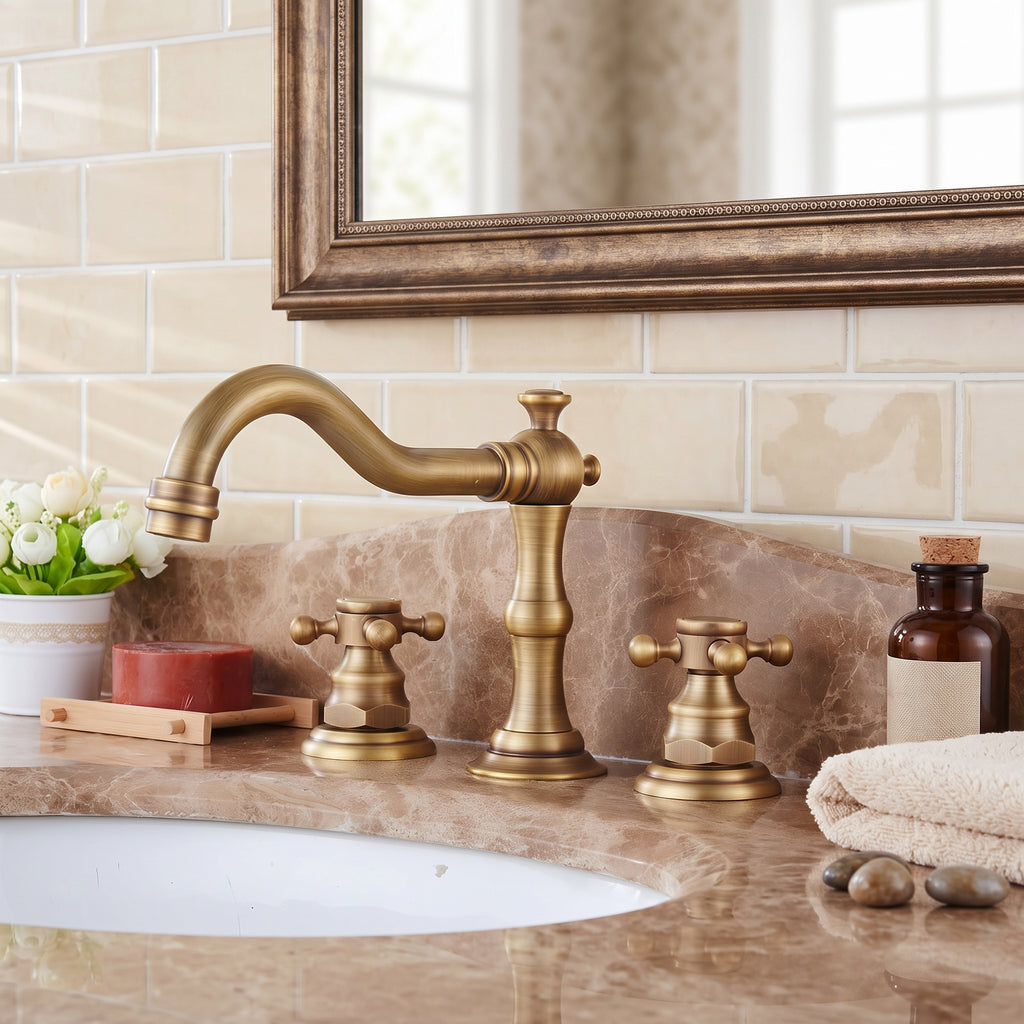 Robinet lavabo 3 trous bronze patiné vintage