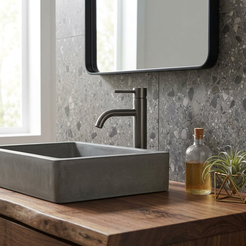 Robinet salle de bain gris brossé – mise en situation en salle de bain