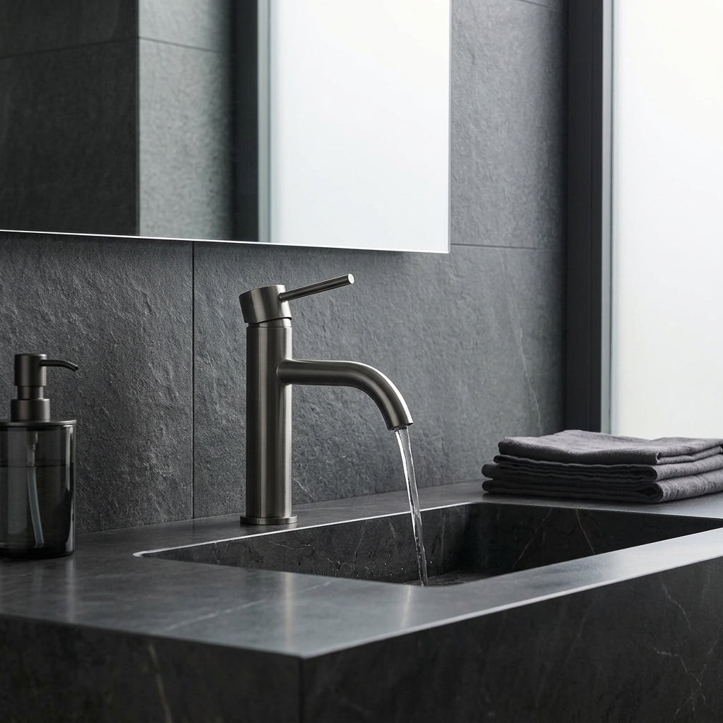 Robinet salle de bain gris brossé – mise en situation en salle de bain