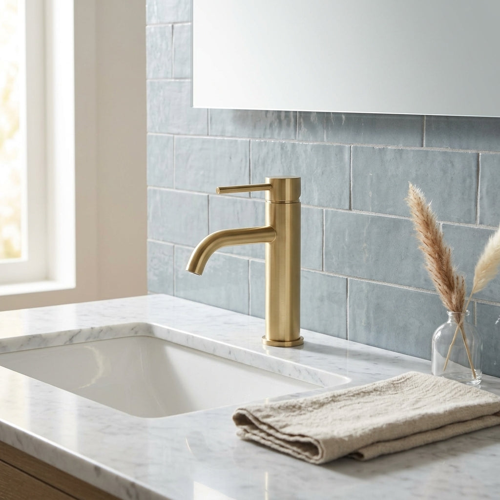 Robinet salle de bain or brossé – mise en situation en salle de bain