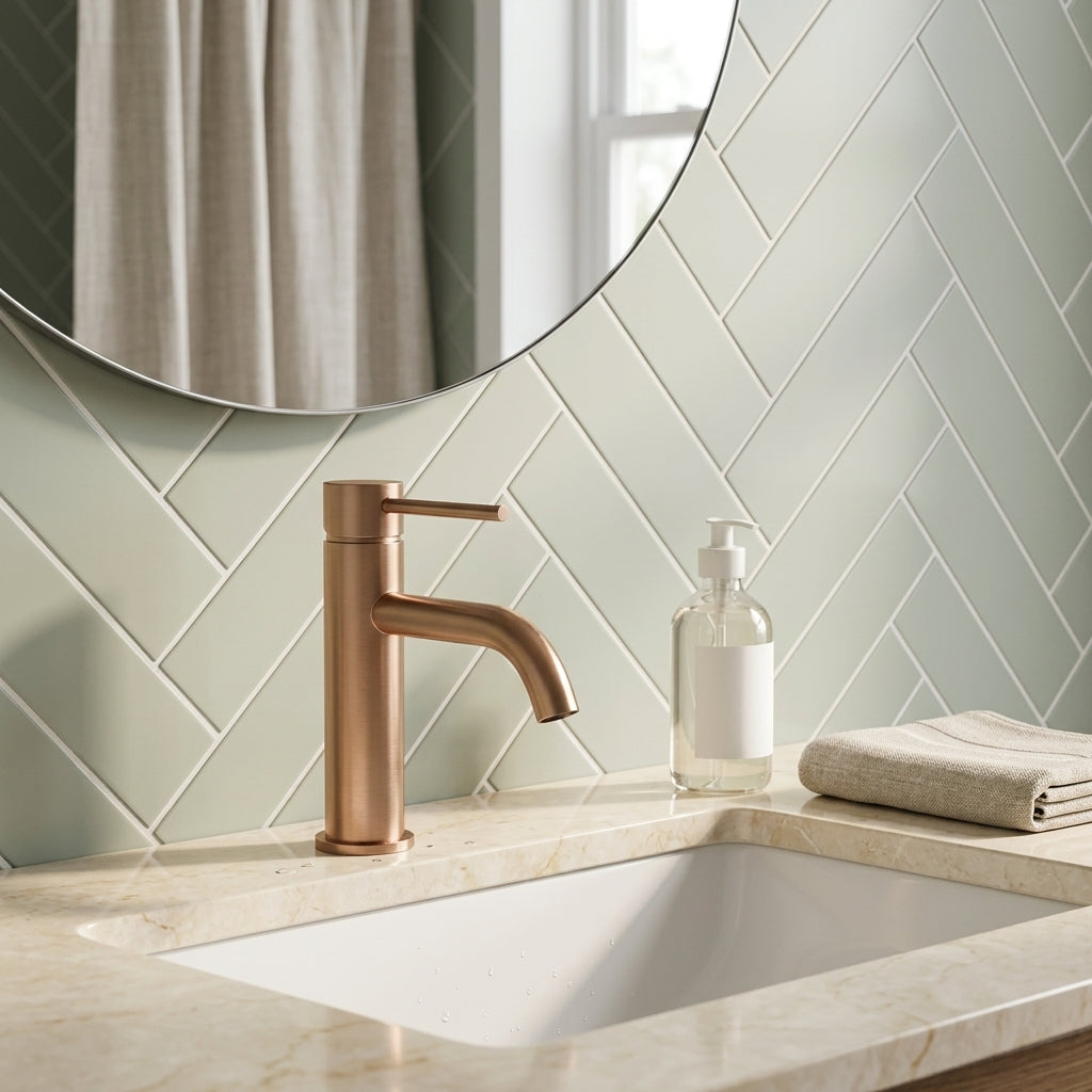 Robinet salle de bain or rose brossé – mise en situation en salle de bain