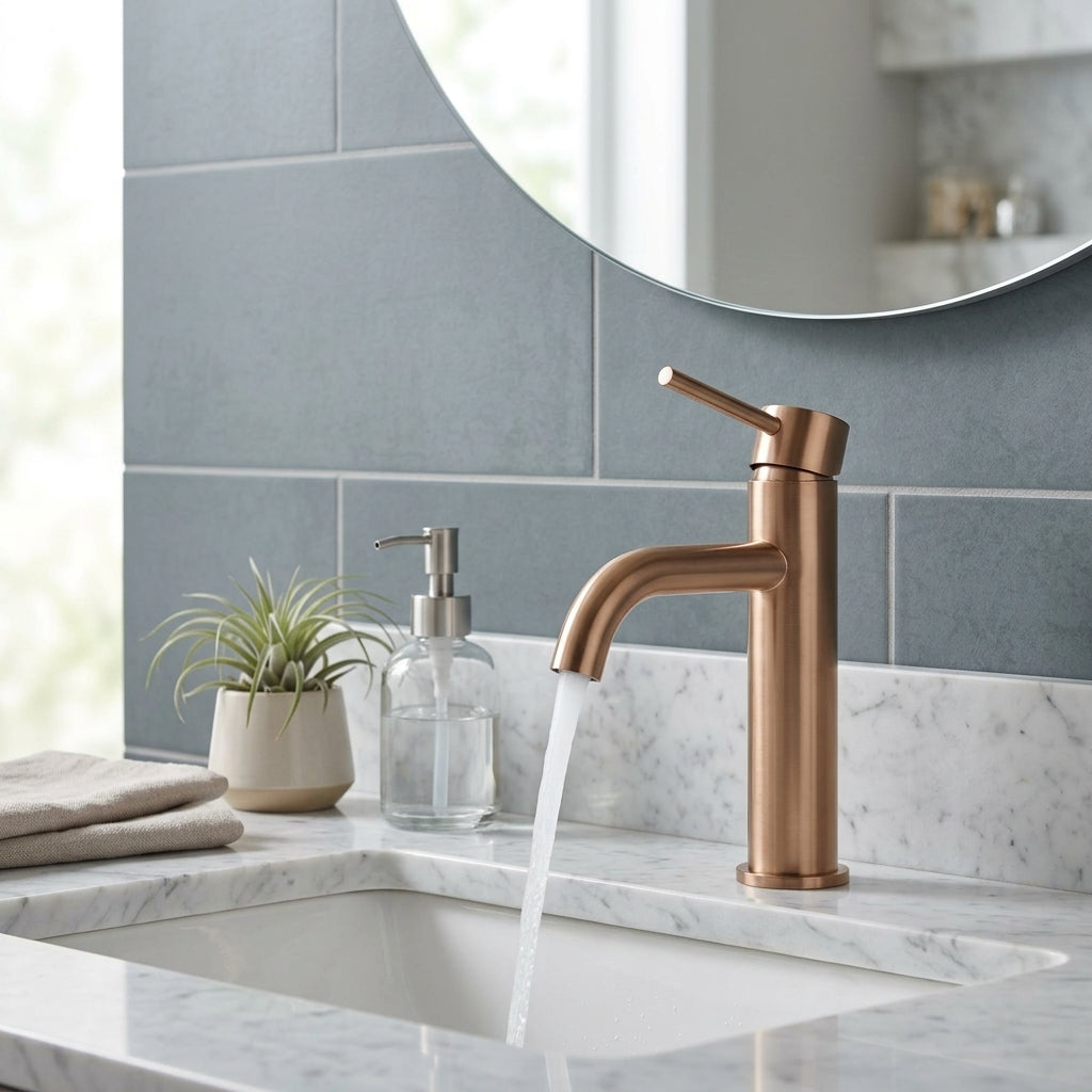 Robinet salle de bain or rose brossé – mise en situation en salle de bain