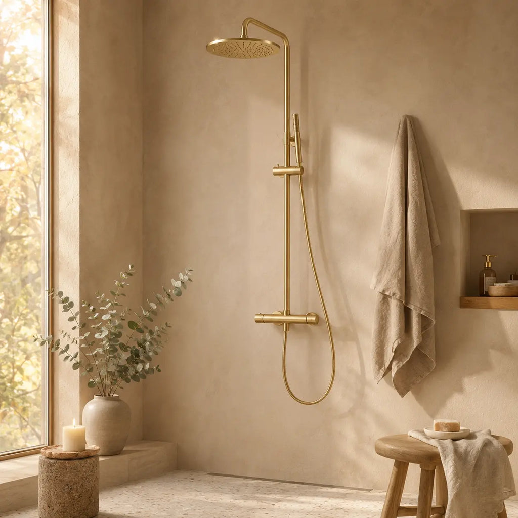 Colonne de douche thermostatique dorée bras droit support coulissant
