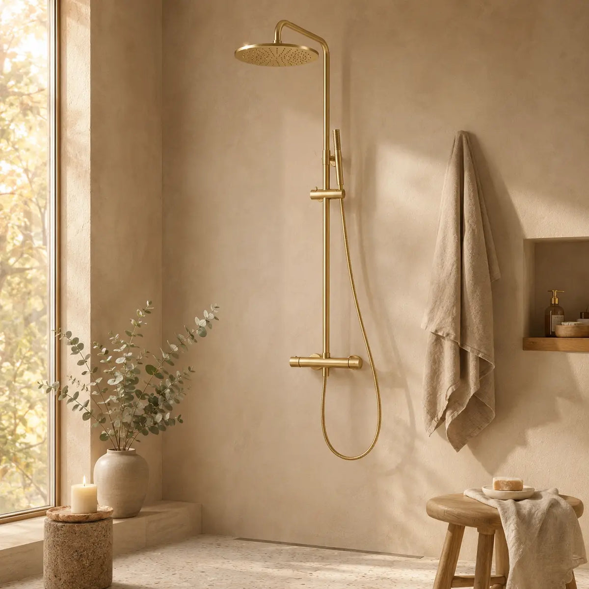 Colonne de douche thermostatique dorée bras droit support coulissant