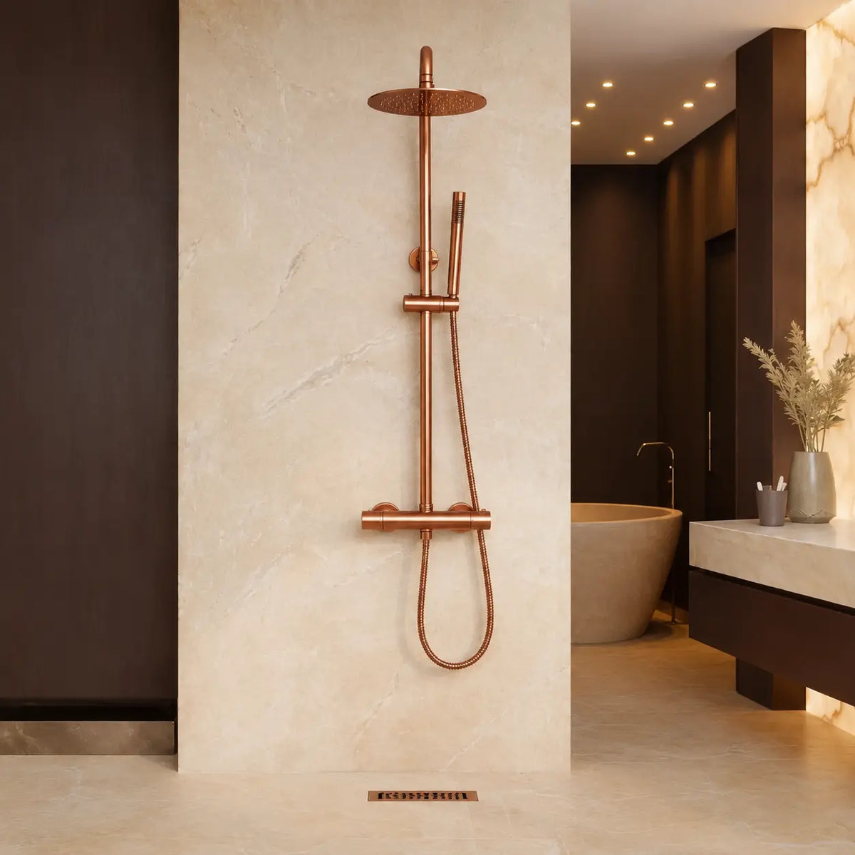 Colonne de douche thermostatique or rose brossé