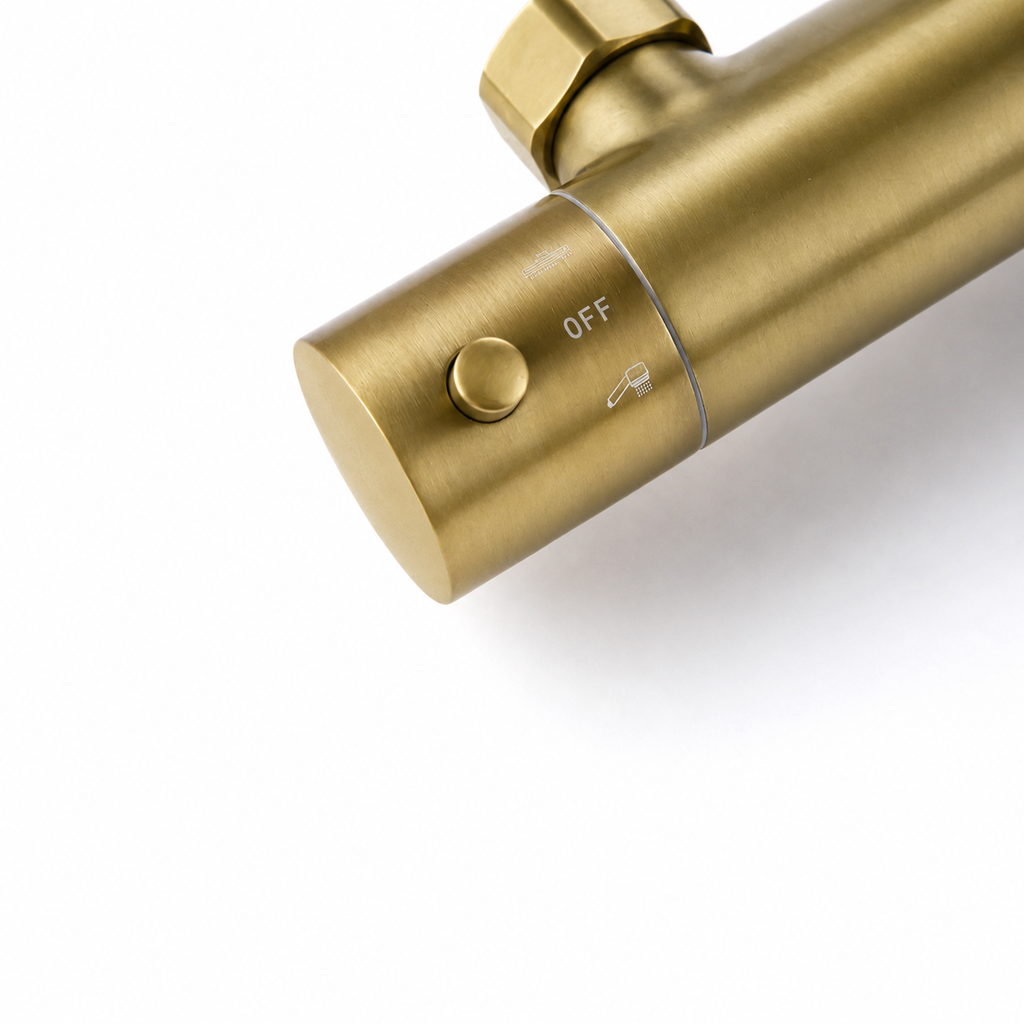Colonne de douche thermostatique dorée bras droit support coulissant