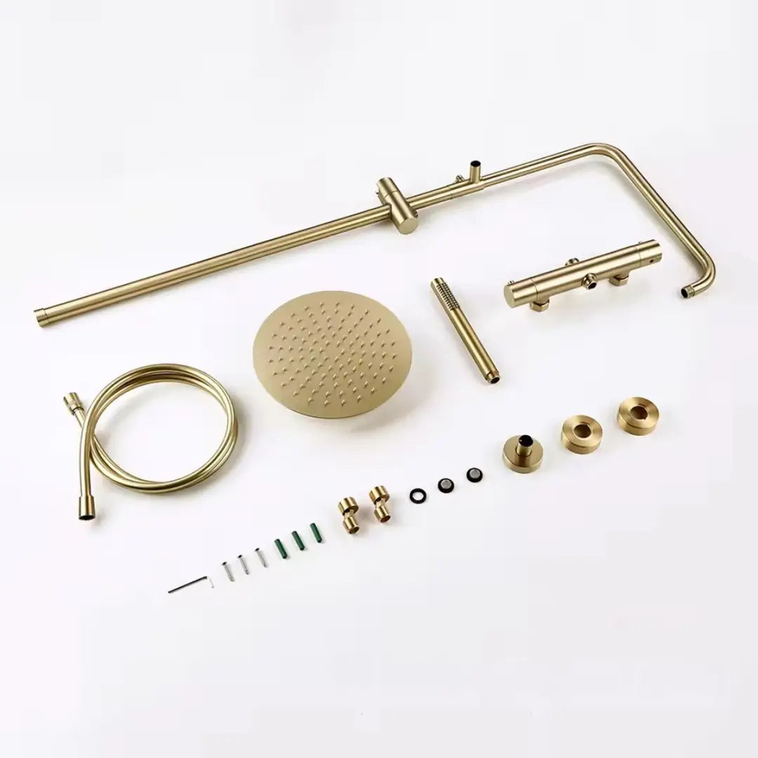 Colonne de douche thermostatique dorée bras droit support coulissant