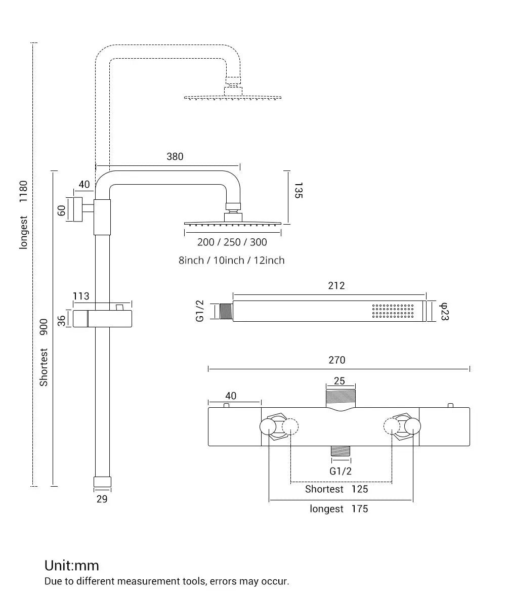 Colonne de douche thermostatique dorée bras droit support coulissant