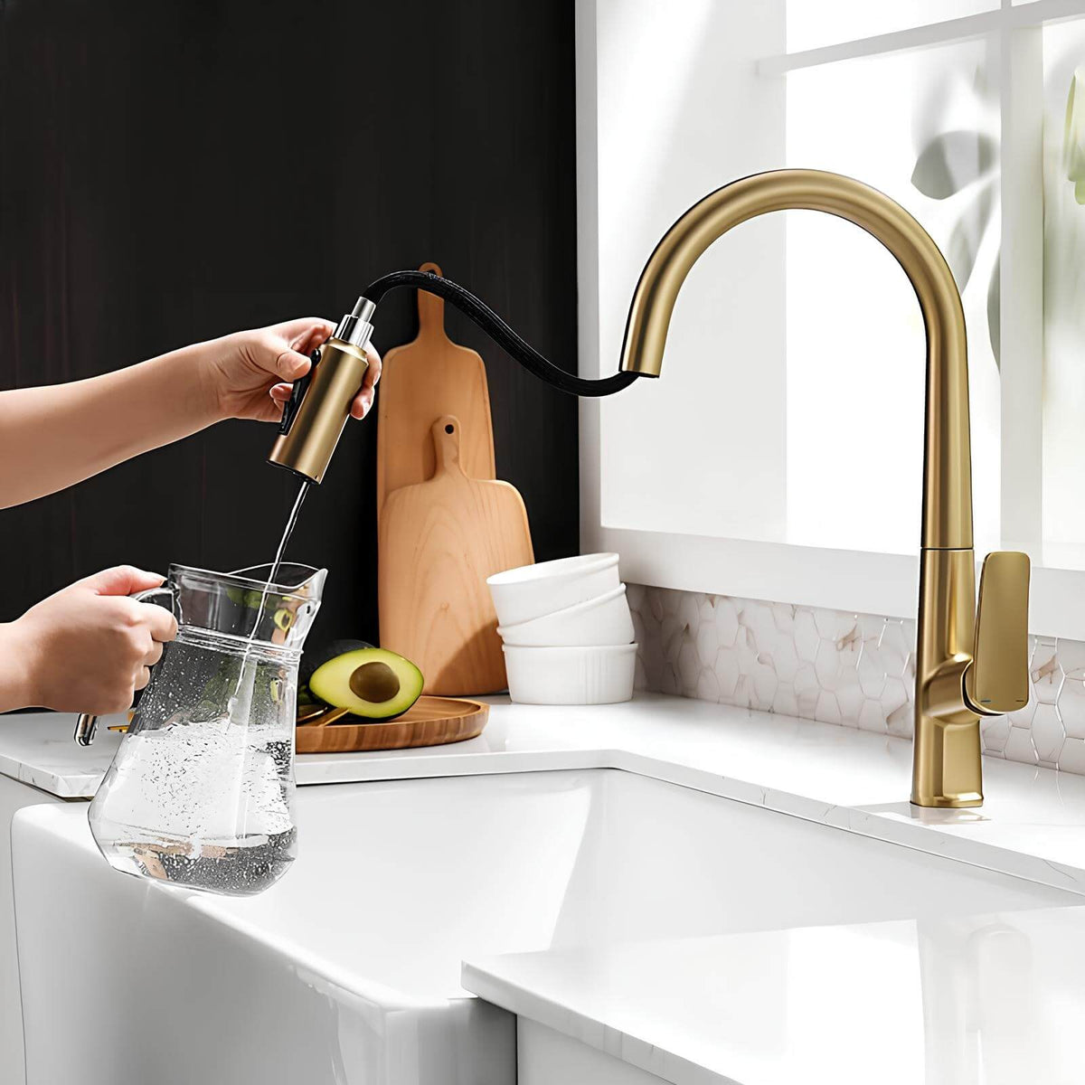 Robinet cuisine laiton avec douchette extractible et eau filtrée