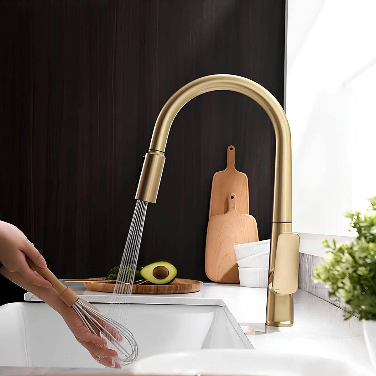 Robinet cuisine laiton avec douchette extractible et eau filtrée