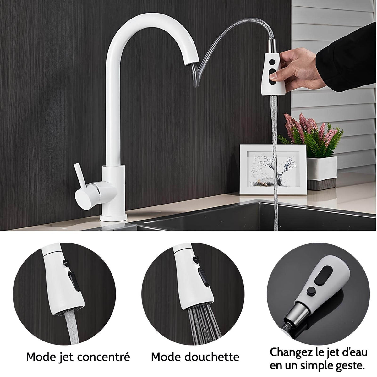 Robinet cuisine laiton douchette extractible 2 jets