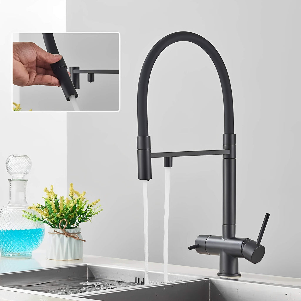 Robinet cuisine noir avec douchette et eau filtrée