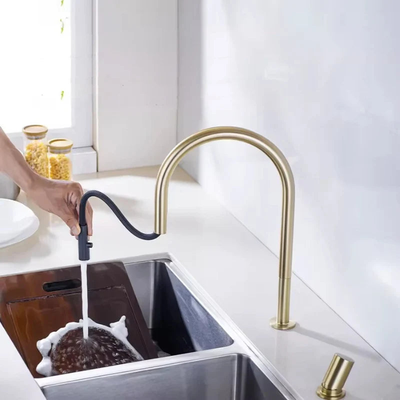 Robinet cuisine rabattable or champagne col arqué avec douchette
