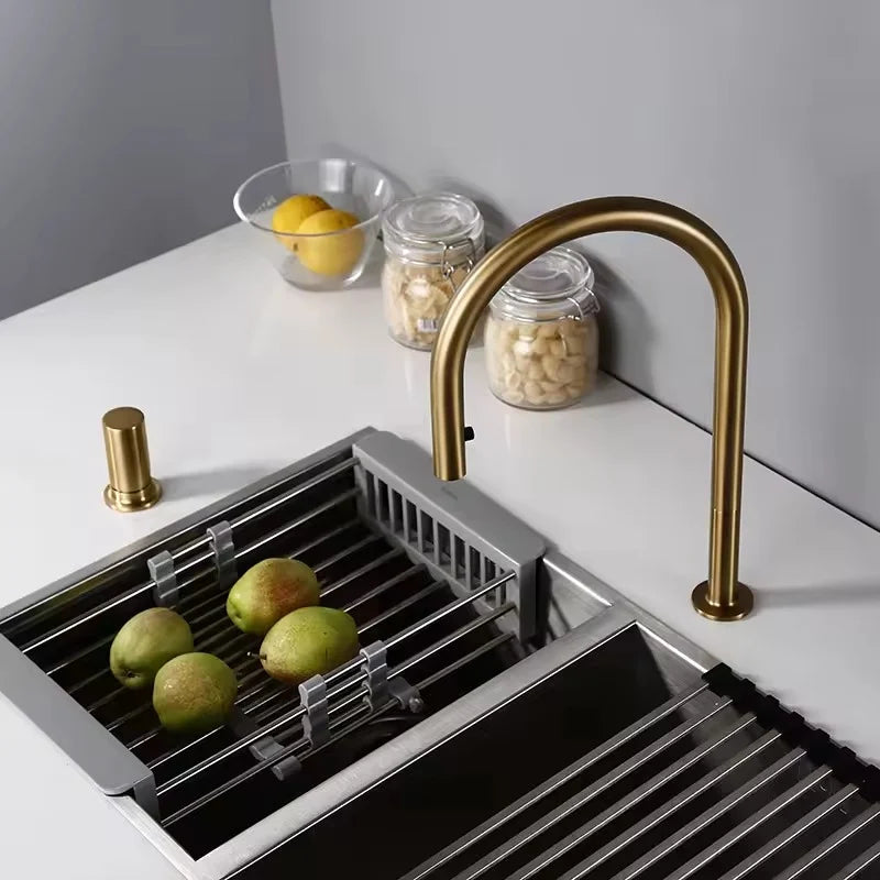 Robinet cuisine rabattable or champagne col arqué avec douchette