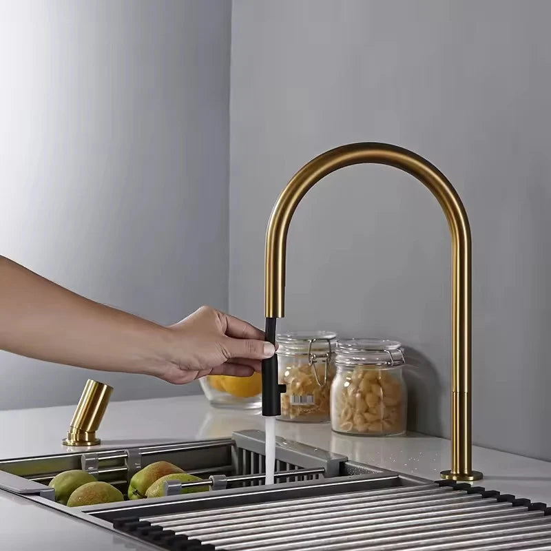 Robinet cuisine rabattable or champagne col arqué avec douchette