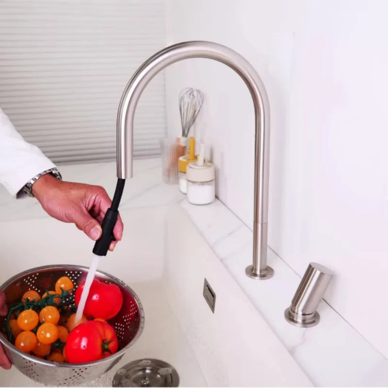 Robinet cuisine rabattable or champagne col arqué avec douchette