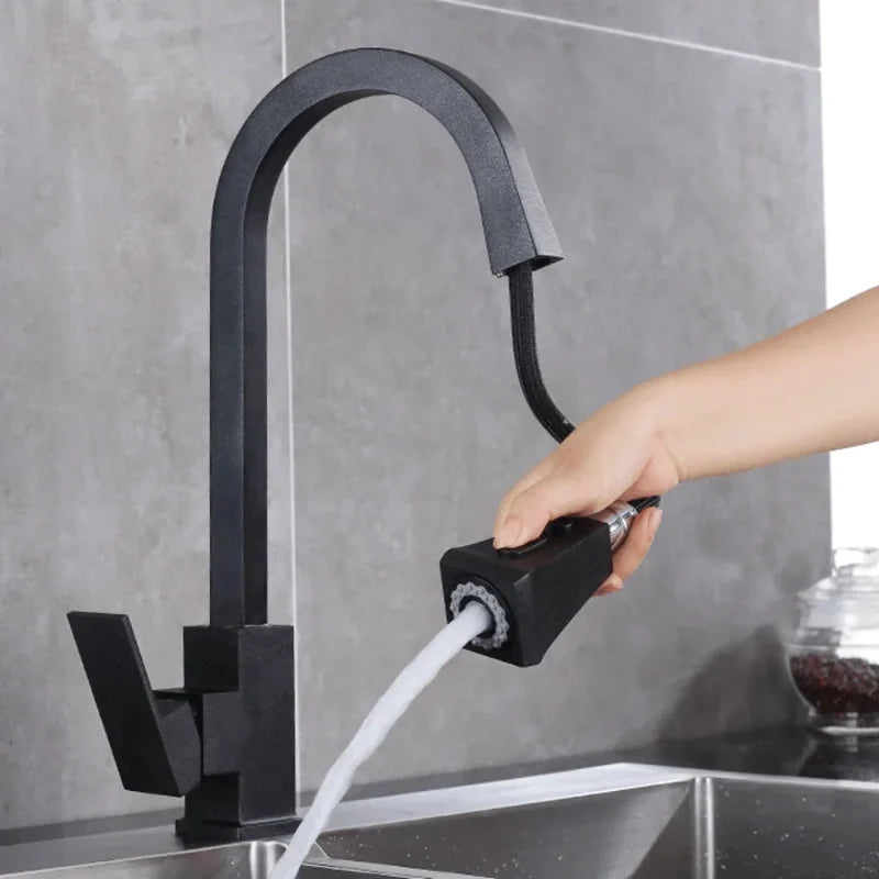 Robinet de cuisine noir base carrée à douchette extractible