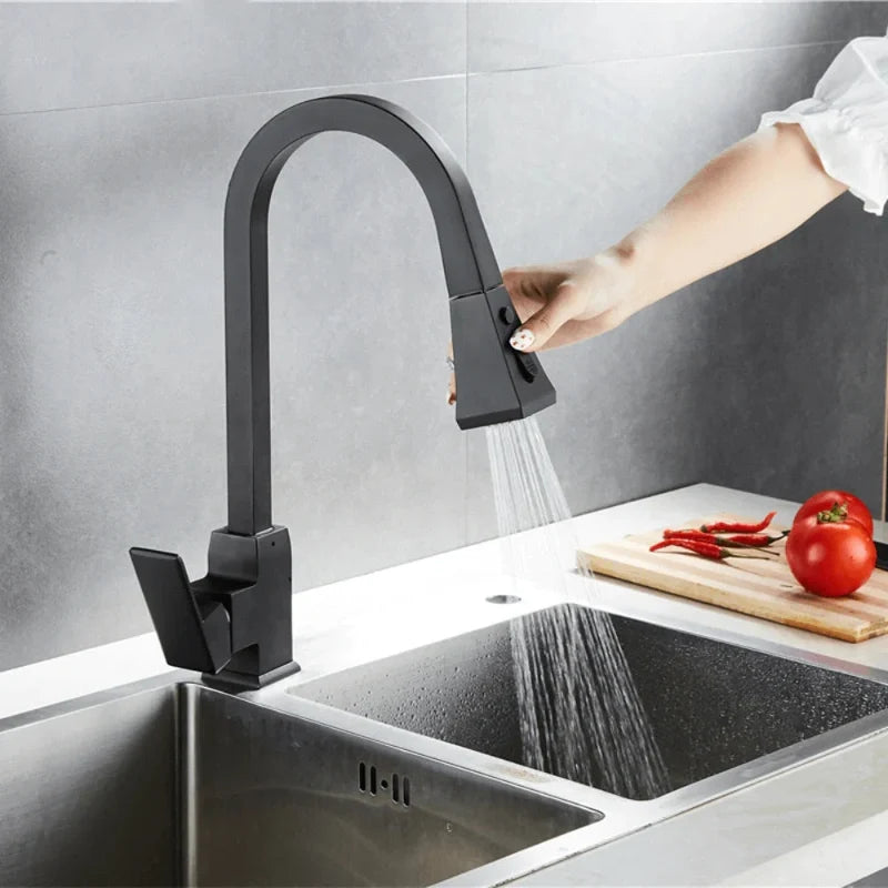 Robinet de cuisine noir base carrée à douchette extractible