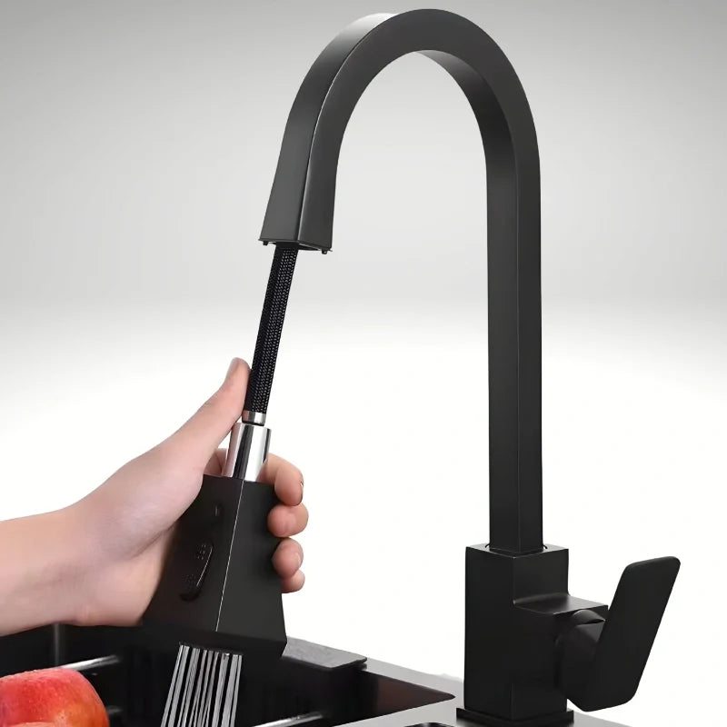 Robinet de cuisine noir base carrée à douchette extractible