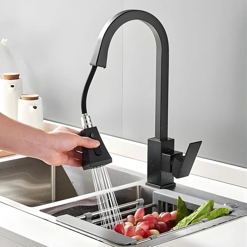 Robinet de cuisine noir base carrée à douchette extractible