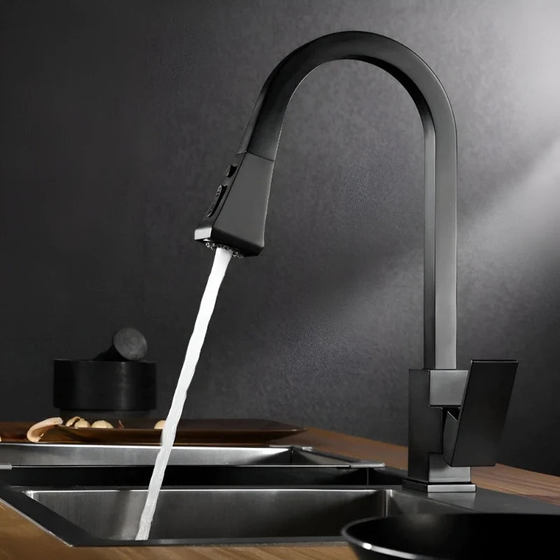Robinet de cuisine noir base carrée à douchette extractible