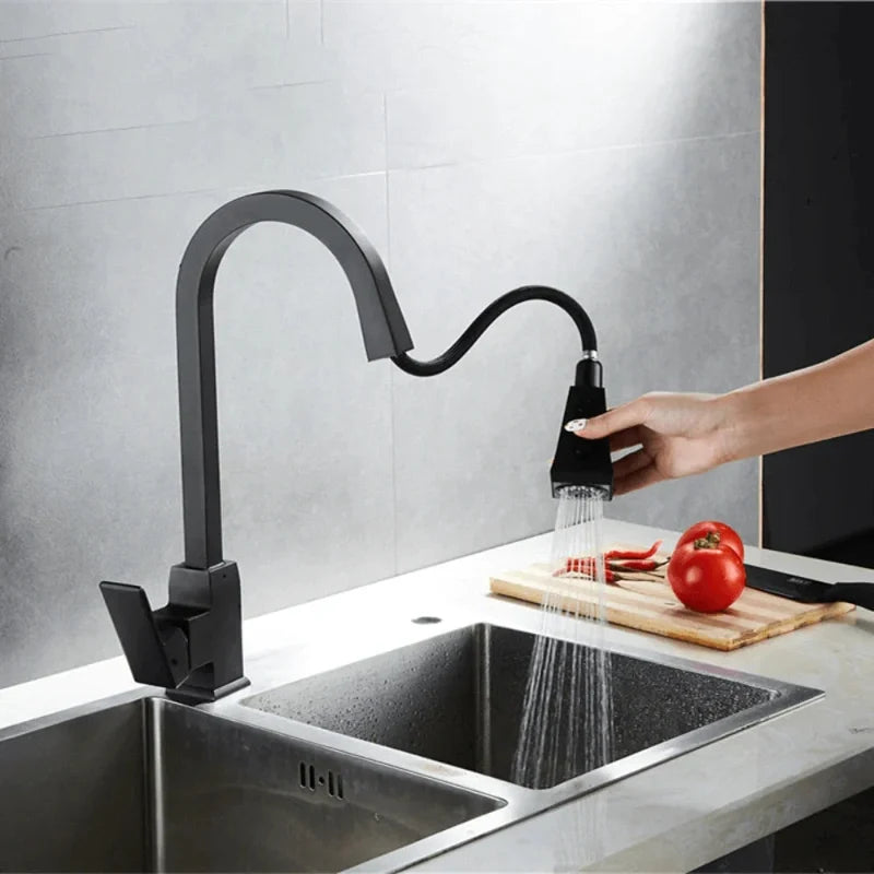 Robinet de cuisine noir base carrée à douchette extractible