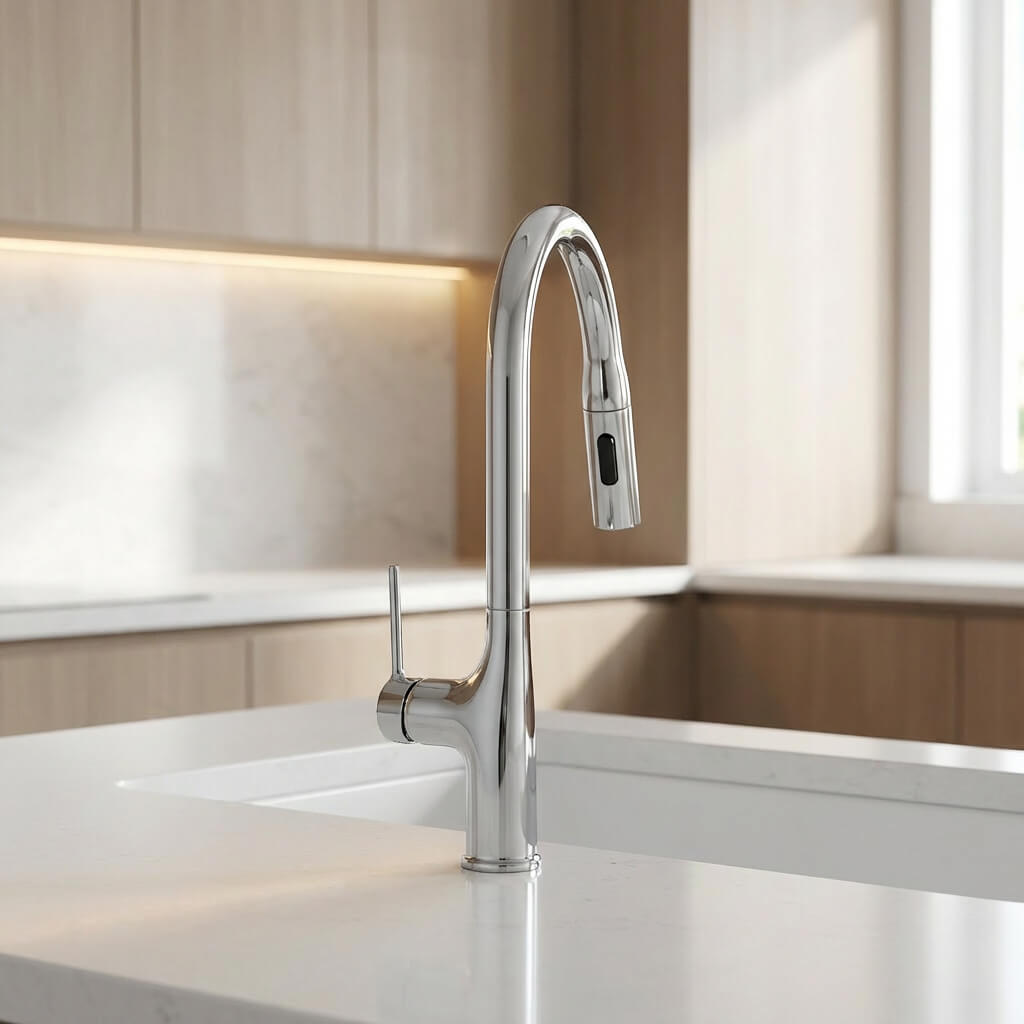 Robinet de cuisine extractible bec haut deux jets