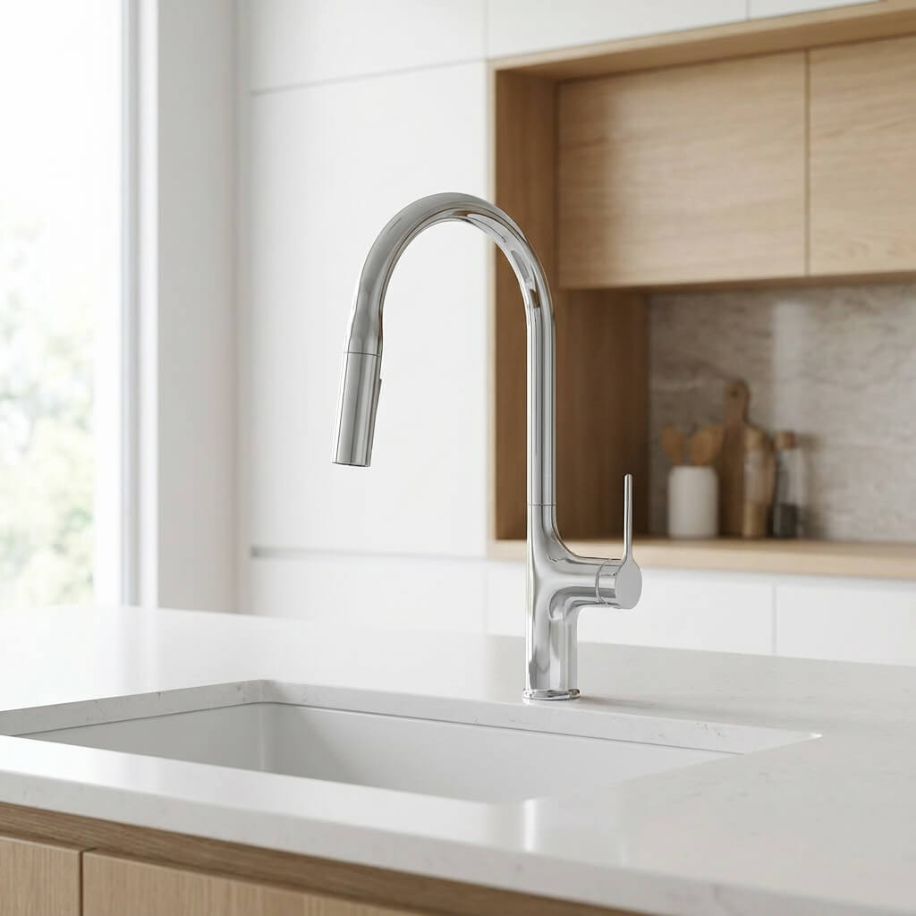 Robinet de cuisine extractible bec haut deux jets