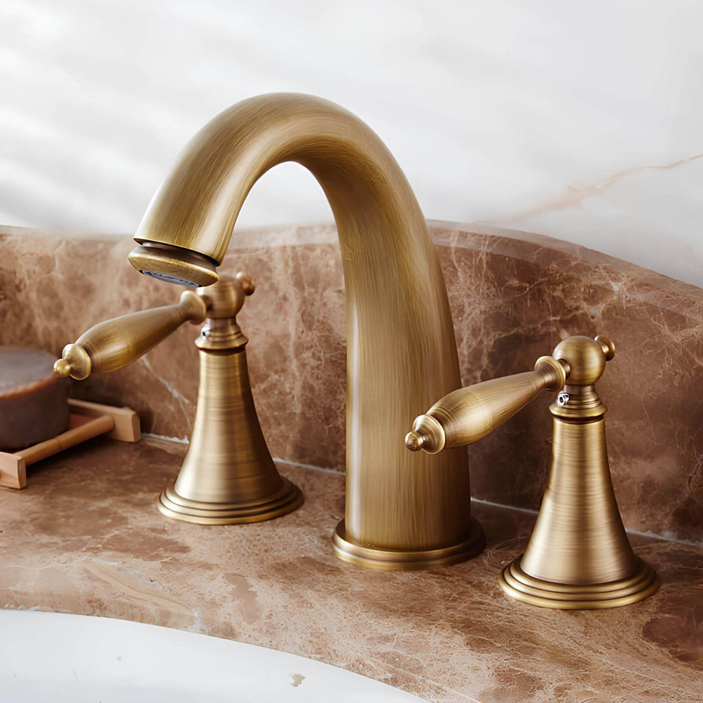 Robinet lavabo 3 trous bronze antique double poignée