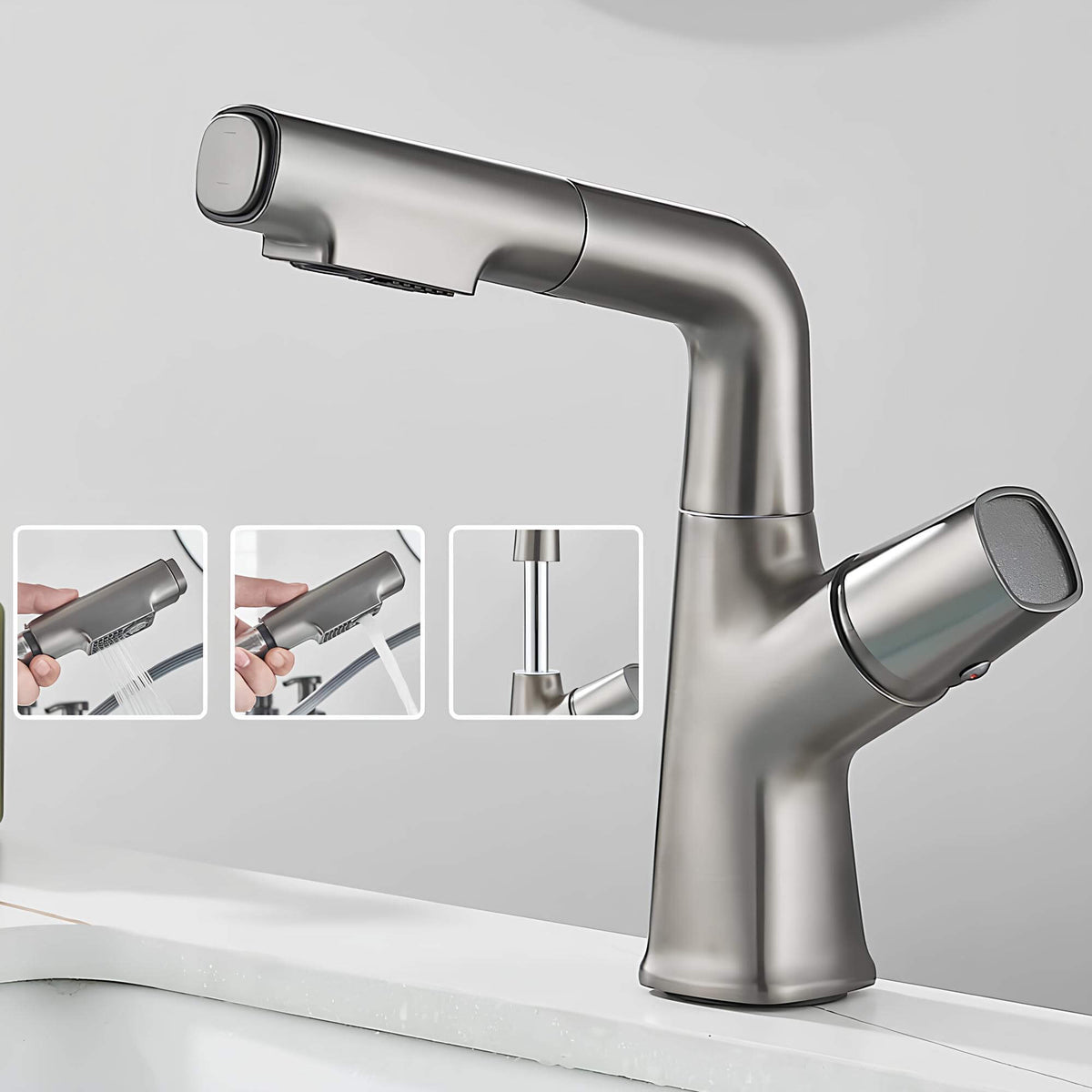 Robinet lavabo orientable avec douchette intégrée