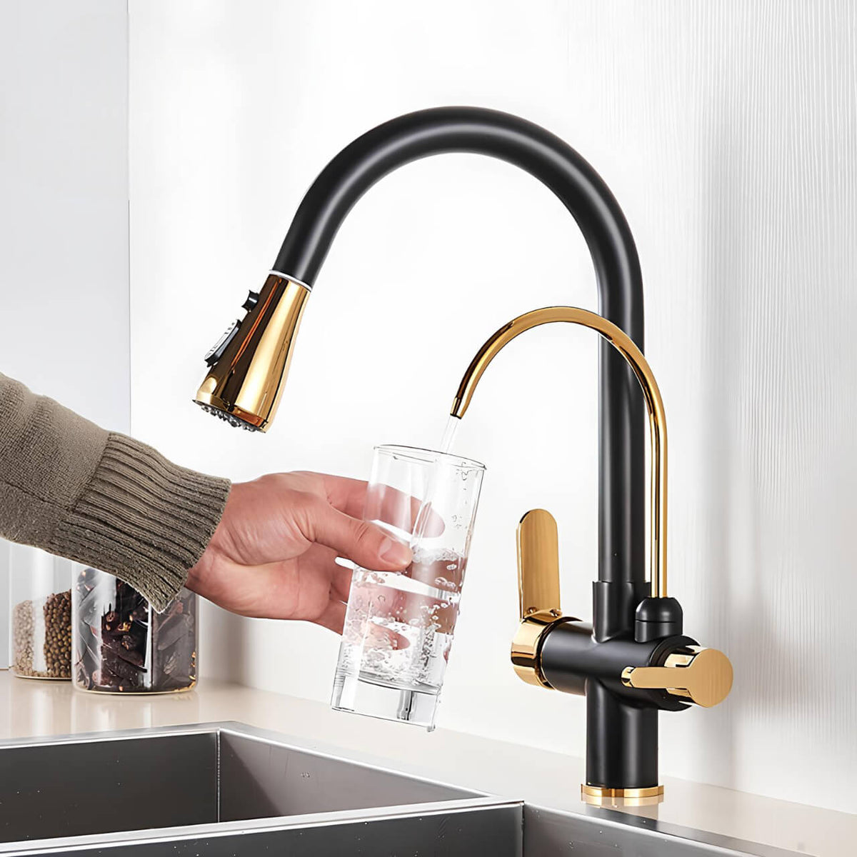 Robinet cuisine extractible avec filtre intégré bicolore