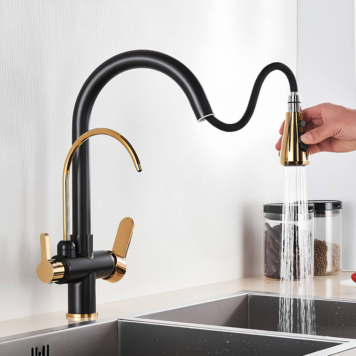 Robinet cuisine extractible avec filtre intégré bicolore